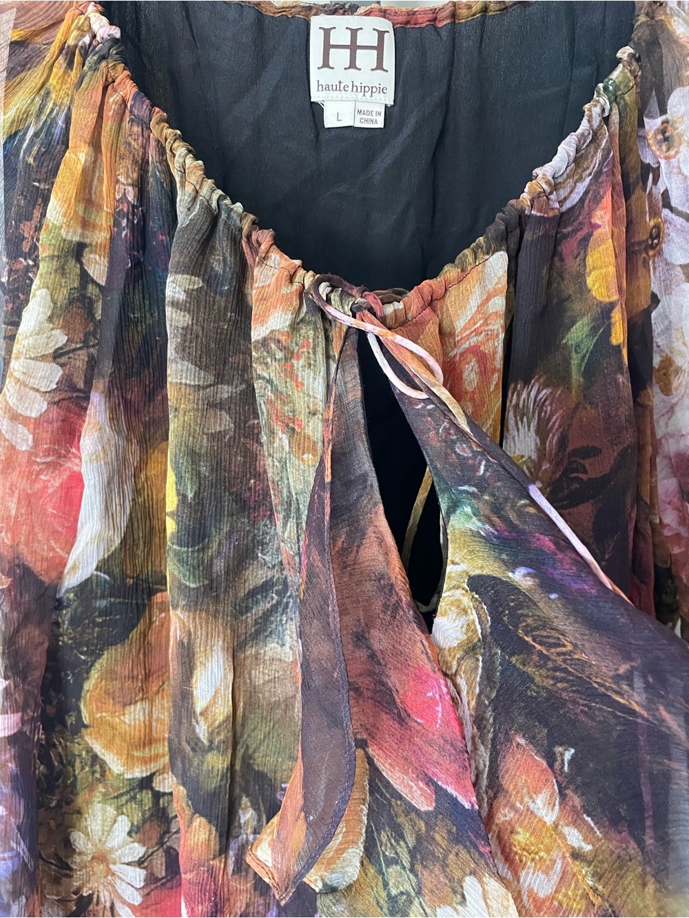 Haute Hippie 100% Silk Boho Peasant Blouse Ruffled Floral Size Large - Picture 5 of 9